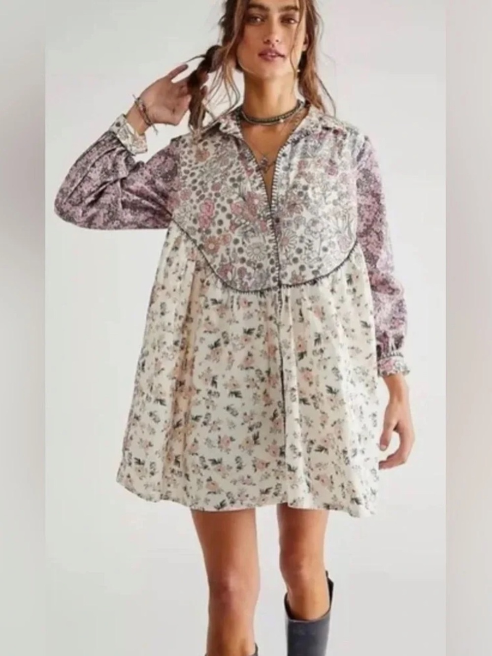 Free People My Time Shirt Dress Large Light Combo Mixed Floral Long Sleeve Boho